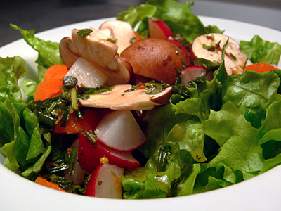 Grüner Salat mit Möhren und Radieschen